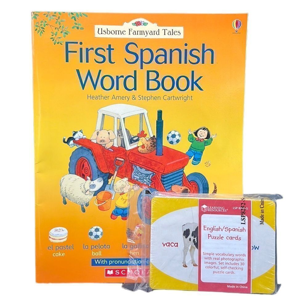 Usborne First Spanish Word Book + English Spanish Puzzle Cards Set Kids Learning